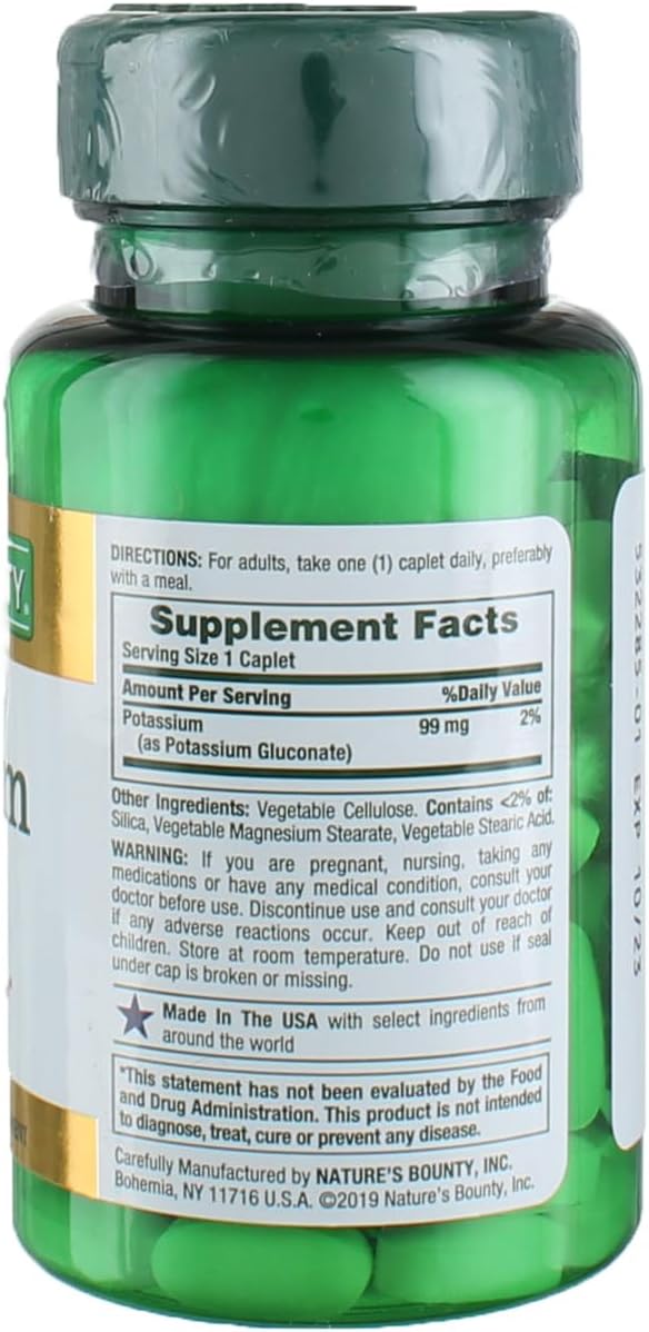 Nature's Bounty Potassium Gluconate 99mg, 100 Caplets (Pack of 3)