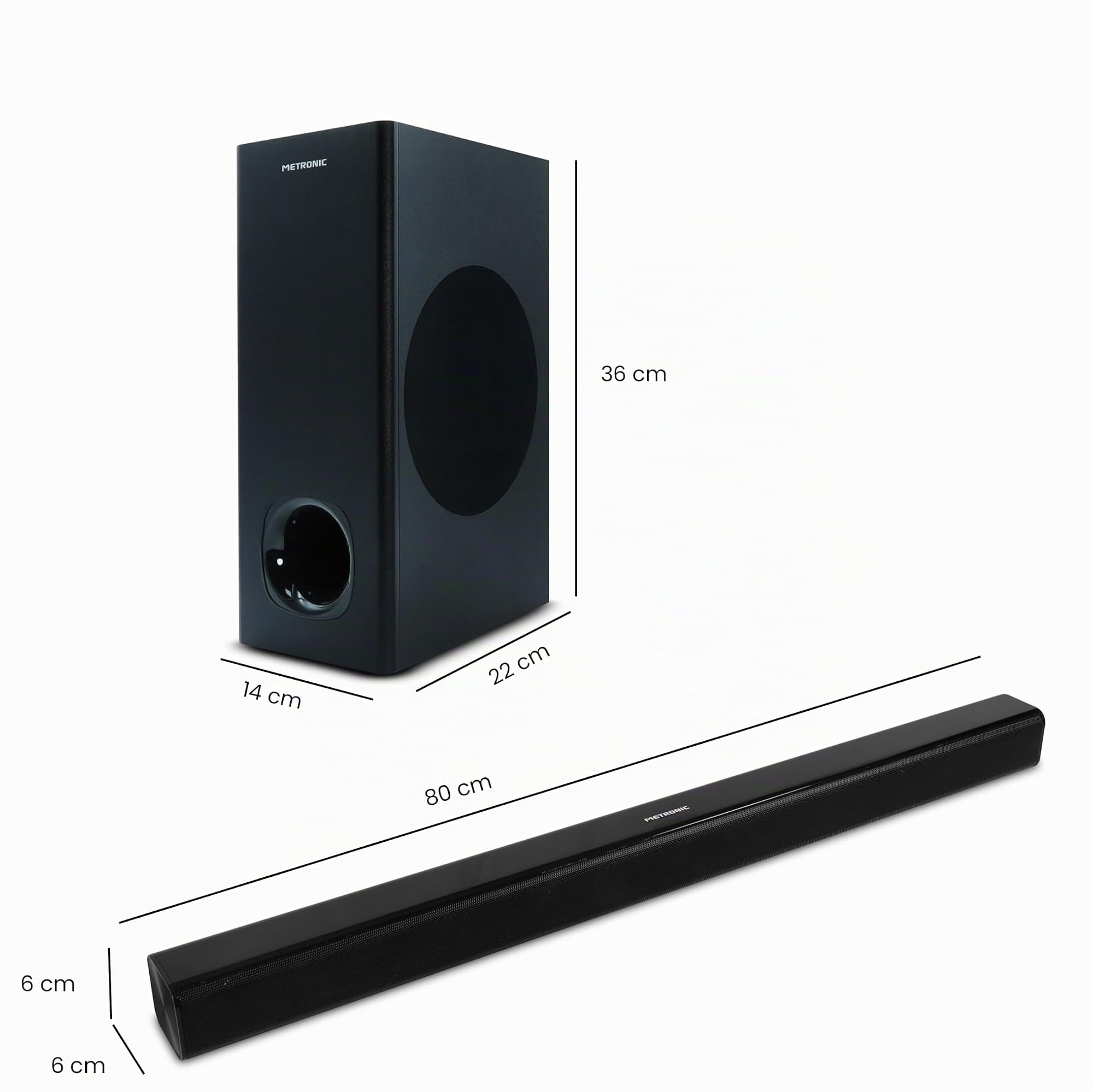 Metronic 477592 - Barra de Sonido Bluetooth v5.3 con subwoofer con Cable, para PC o TV, 180W, Estereo 2.1, Tomas Audio TV, USB, AUX, óptica, Montaje Mural, Mando a Distancia