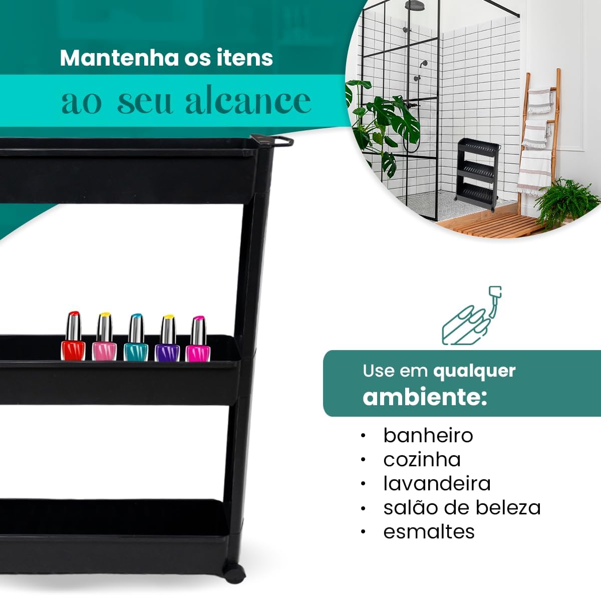Armário Carrinho Organizador Multiuso com Rodinhas Banheiro Lavanderia Cozinha Quarto (Preto) Armário Carrinho Organizador Multiuso com Rodinhas Banheiro Lavanderia Cozinha Quarto (Preto)