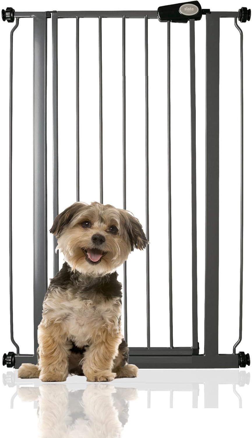 Bettacare Puerta para Mascotas Premium Alta Instalada a Presión, 68.5cm - 75cm, Gris Pizarra, Alta de 104cm de Altura, Puerta de Escalera con Ajuste a presión para Perro, Barrera de Seguridad