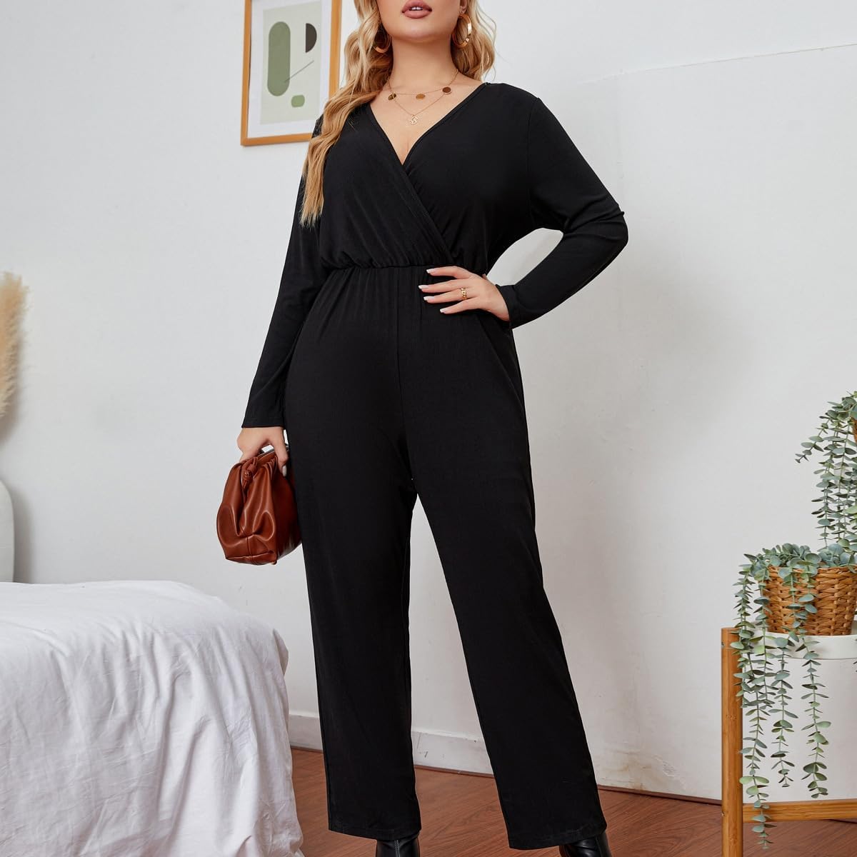 Black Jumpsuit for Women Business Casual Outfits, V Neck Long Sleeve High-Waist Wide-leg Pants Plus Size - Image 7
