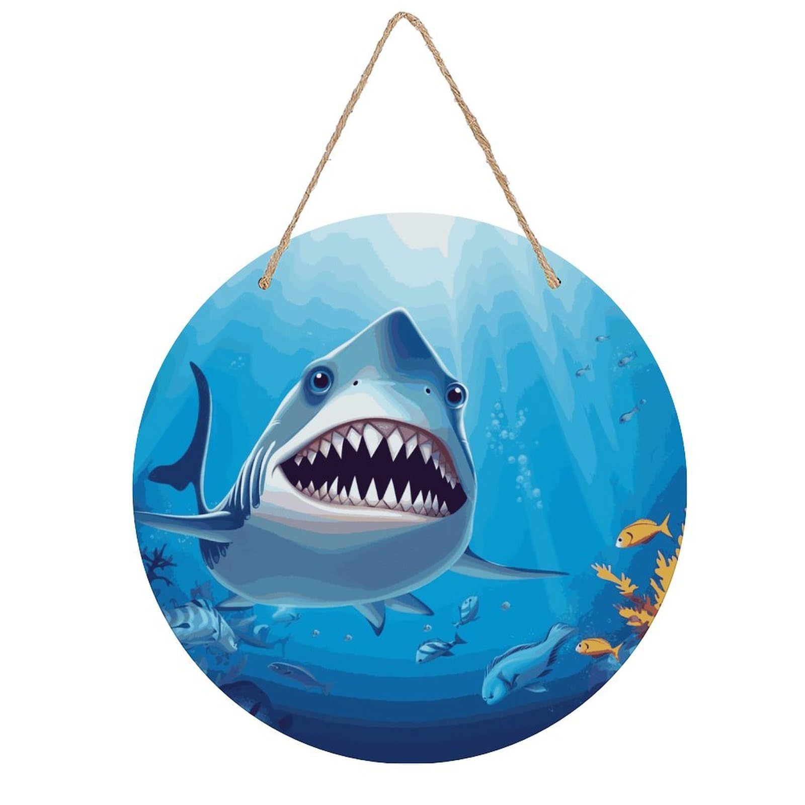 Adfgyerh Style Smiling Shark Room Decor，Round Wooden Board Painting，Wall Art，Easy To Hang，Wall Decor ，Suitable For Homes, Offices, Holidays, Bars, Cafes, And Other Venues.