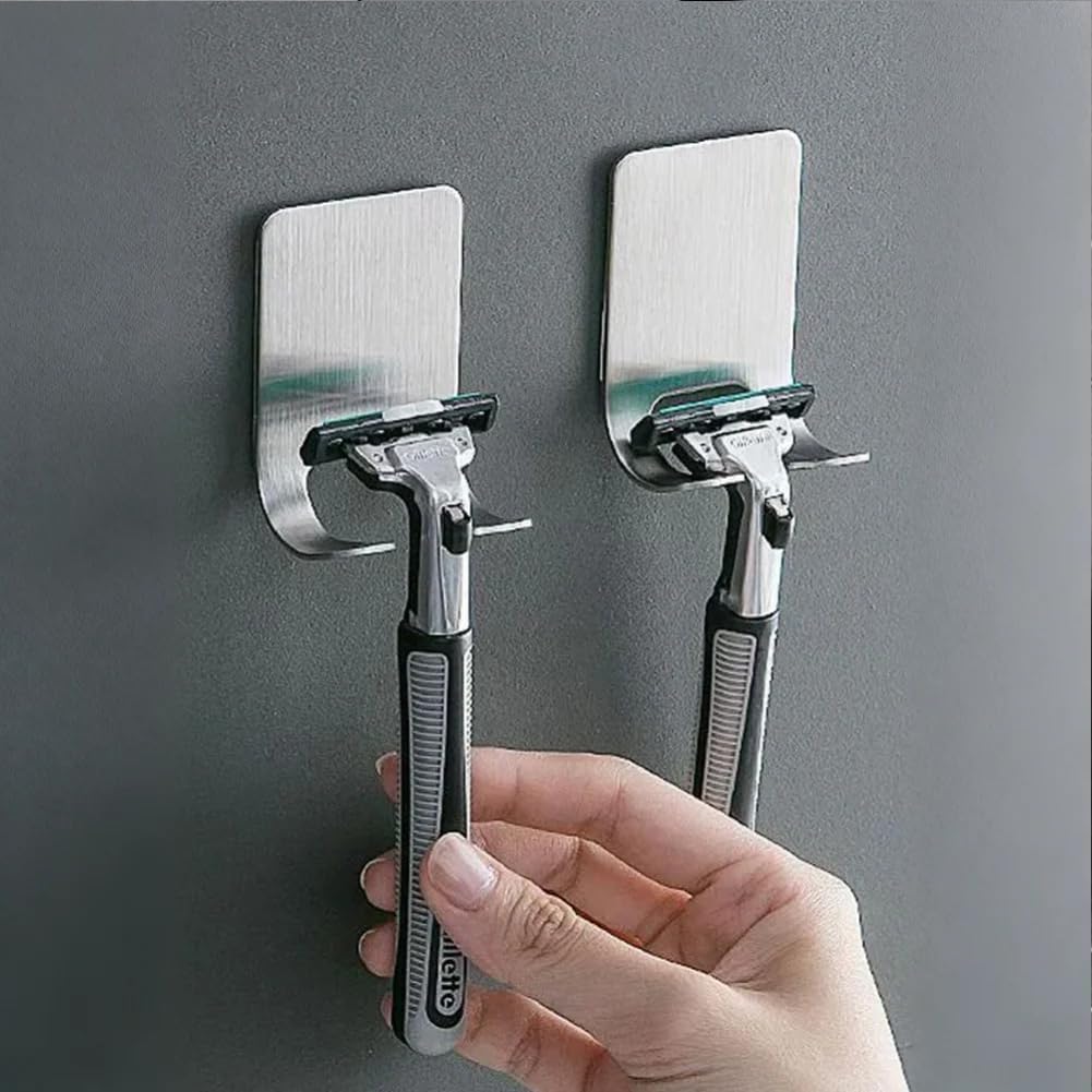 2PCS Shower Razor Holder: Stainless Steel Adhesive Hook for Bathroom & Kitchen - Hold Razors, Robes, Tools