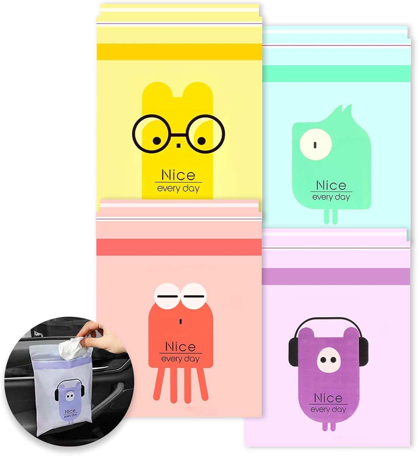 52pcs Car Trash Bags Easy Stick-On Disposable Portable Car Garbage Bags, Waterproof Leak Proof Barf Vomit Bags, Self Adhesive Cleaning Bags for Cars, Bedrooms, Bathrooms, Offices, Kitchens - Pattern A