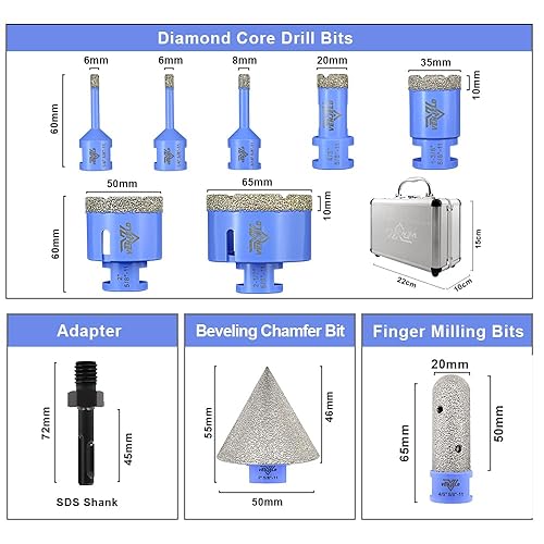 Miniatura 2 de Juego de brocas de diamante, 10 piezas, 6682035502.559 in, broca de dedo de 0.78 pulgadas, broca biselada de biselado de 1.969 in, adaptador SDS