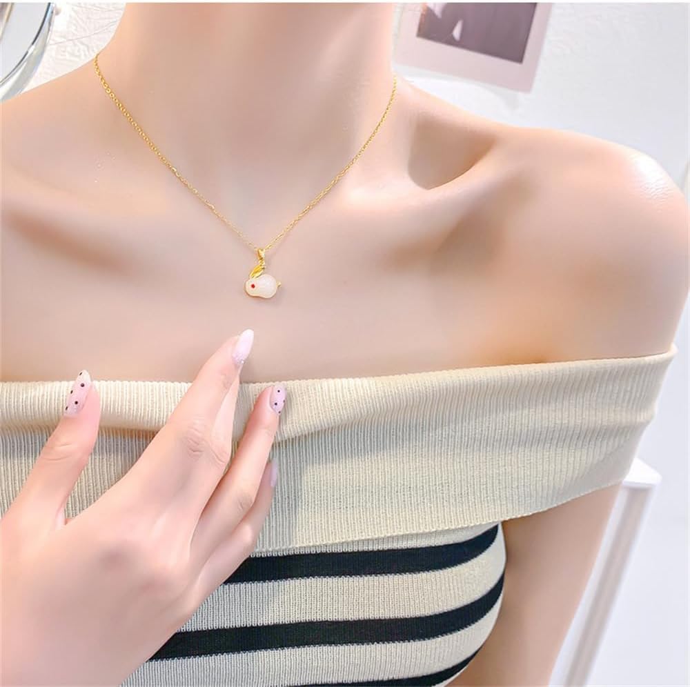 OIDIMS Dainty Rabbit Pendant Necklace for Women Crystal Artificial Jade Cute Bunny Animal Adjustable Choker Chain Necklaces Gold-Tone Plated Delicate Lovely Easter Birthday Holiday Jewelry Gift - Image 3