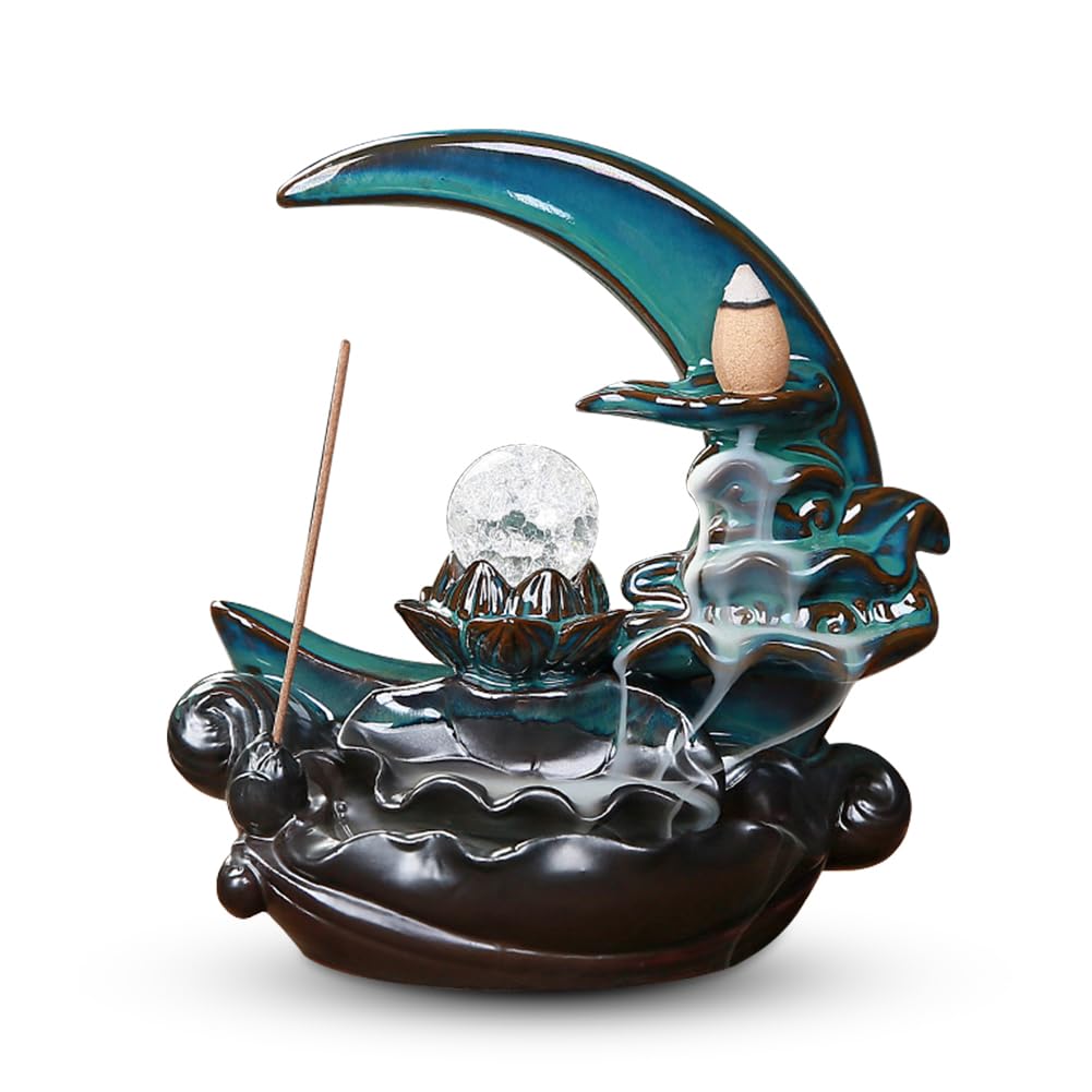 Räuchergefäss Rückfluss, Moon Backflow Räucherbrenner Mond Rückfluss Wasserfall mit Kristallkugel Dekor Incense Holder Keramik Weihrauchbrenner Räuchergefäß für Familie Büro Schlafzimmer Ornament