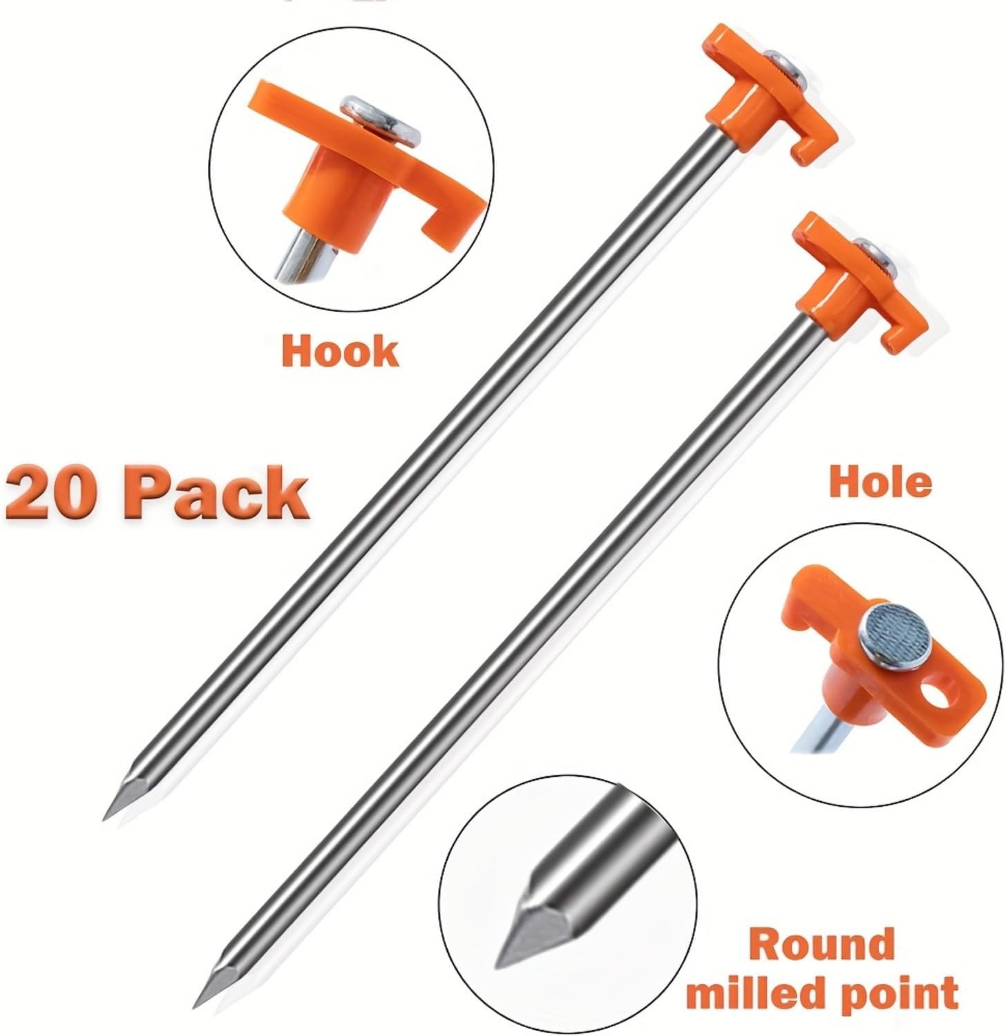 Tent Stakes 20 Pack, 9.84 Inch Heavy Duty Galvanized Non-Rust Ground Stakes Metal Tent Pegs Ground Stakes Tent Spikes for Camping Patio, Garden, Canopies, Grassland, Outdoor, Orange