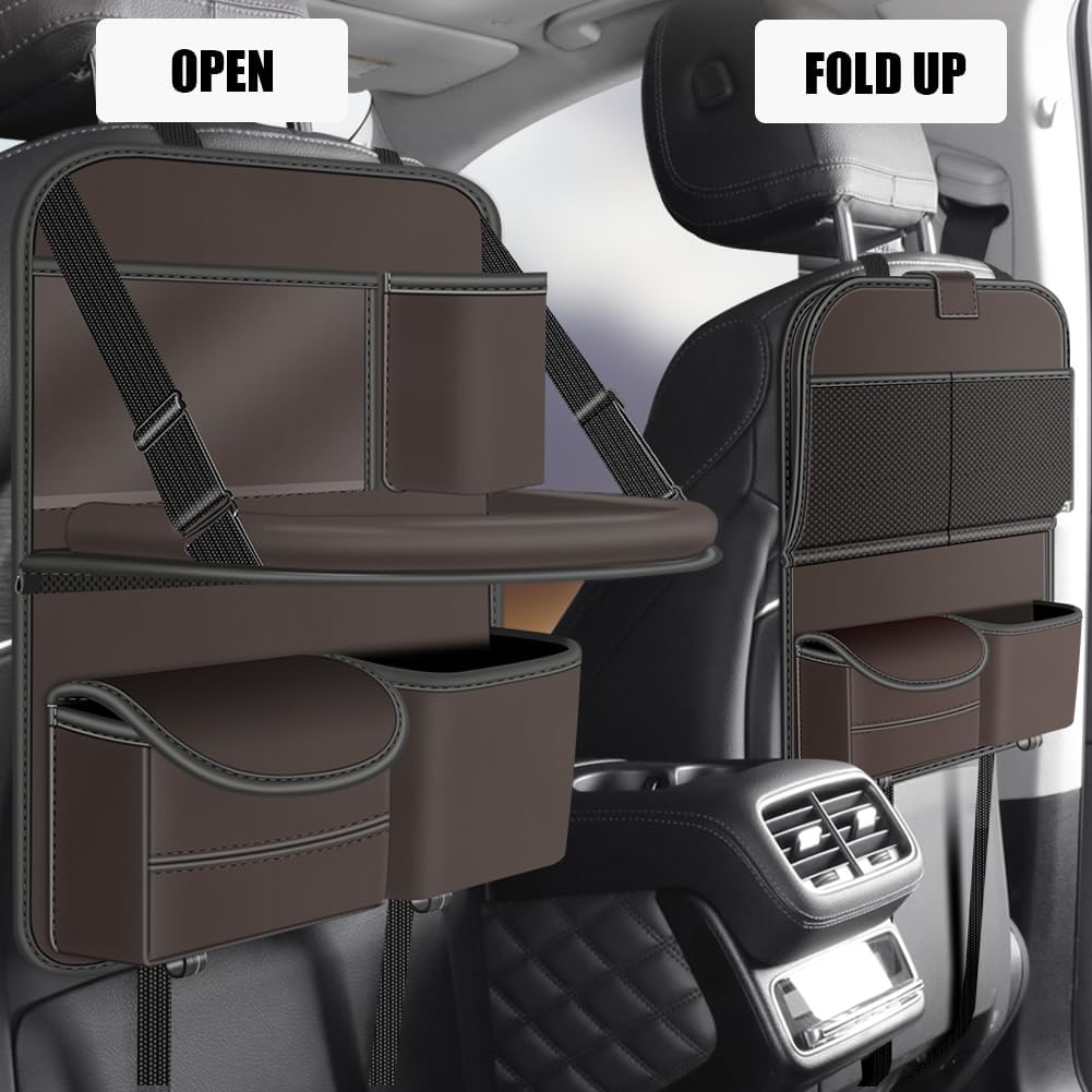 1PCS Small Car Backseat Organizer Seat Back Protectors Kick Mats with Foldable Table Tray, PU Leather Car Storage Organizer with Tablet Holder, Car Tissue Holder Car Accessories (Brown)