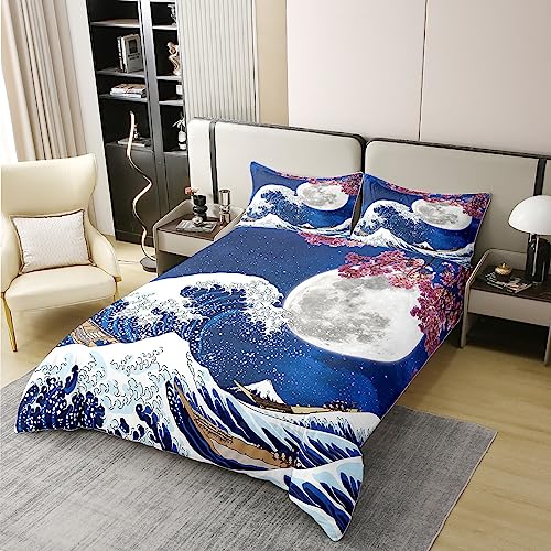 Homewish 100% Washed Cotton Japanese Style Duvet Cover,Japan Ukiyoe Bedding Set,Nautical Ocean Wave Comforter Cover for Kids Adult,Pink Cherry Blossom Bed Sets with 2 Pillowcases,King - Image 2