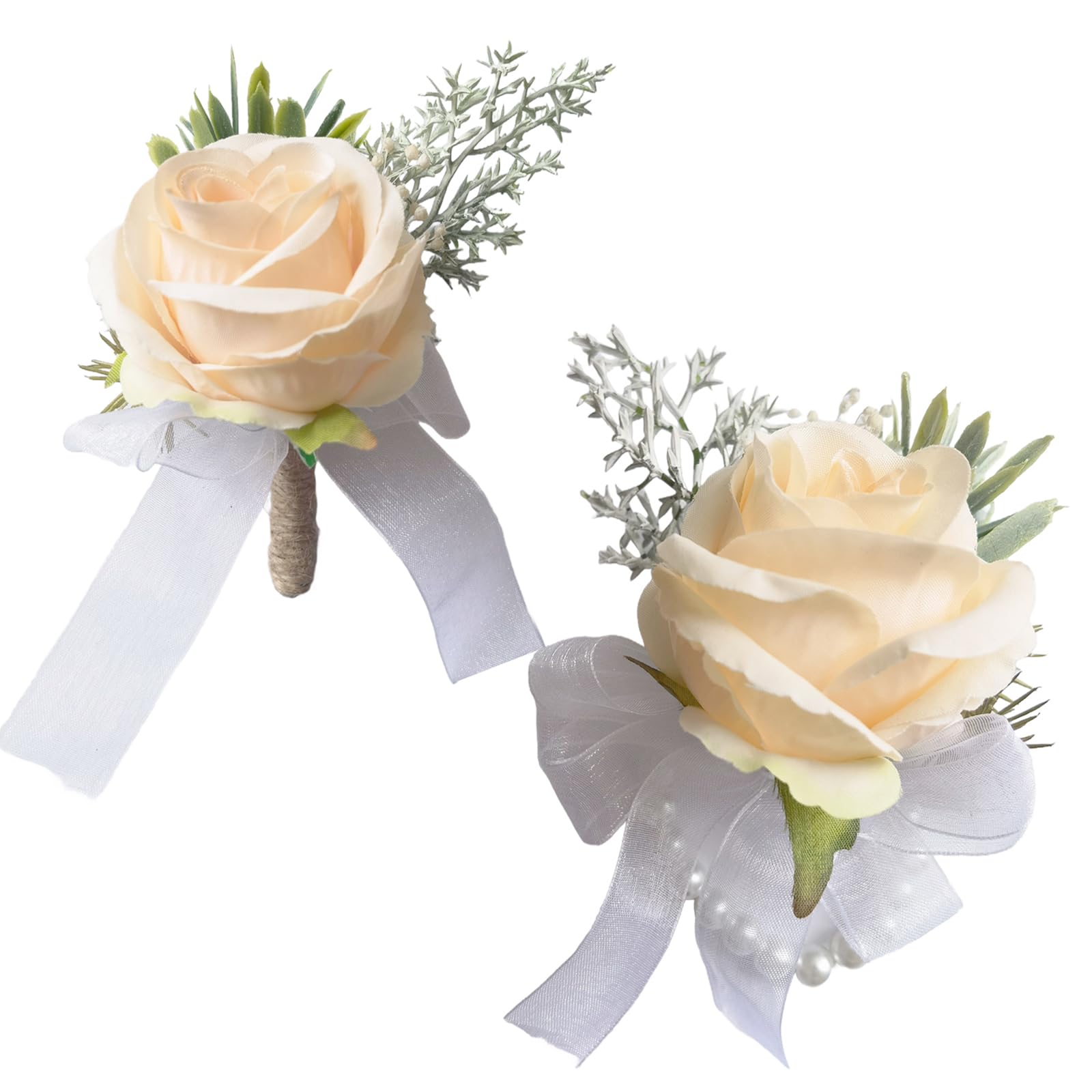 Floraest Wrist Corsages for Weddings, 2PCS Buttonholes and Corsages for Wedding Sets Artificial Flowers Wrist Corsage for Prom Wedding Boutonniere Groom Bridal Men's Women's Suit (Champagne)