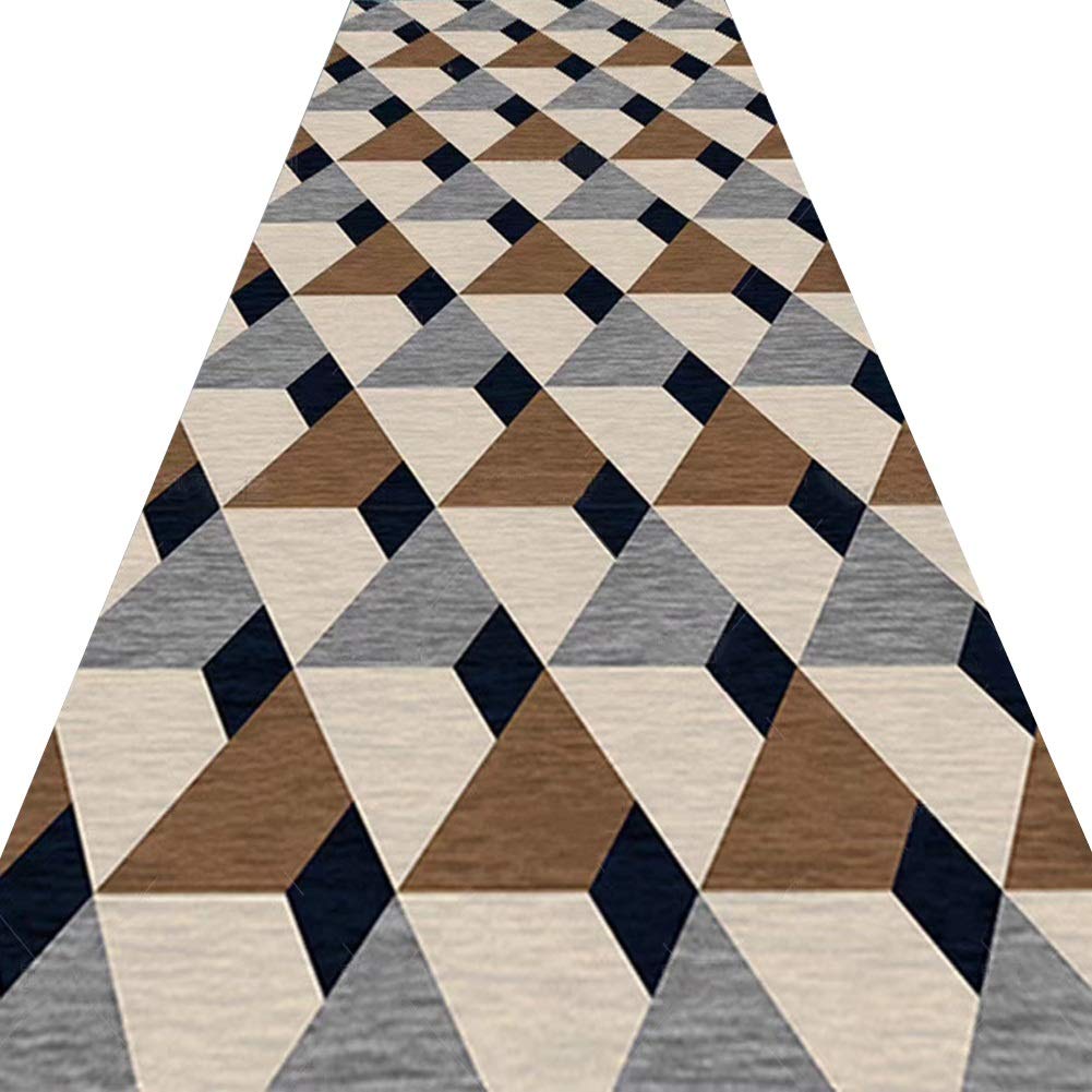 Tapis de couloir géométrique 3D tapis de passage antidérapant bleu beige sur mesure 1.4x4m