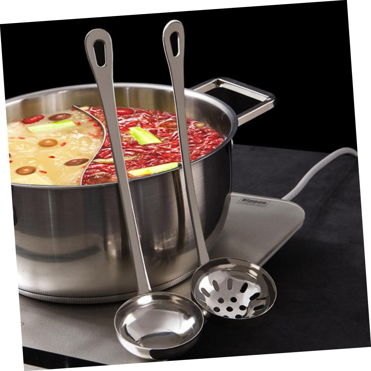 BRIGHTFUFU Hot Pot Soup Ladle Set Stainless Steel Spoons Colander Silver Spoons for Hotpot Food Serving Utensils