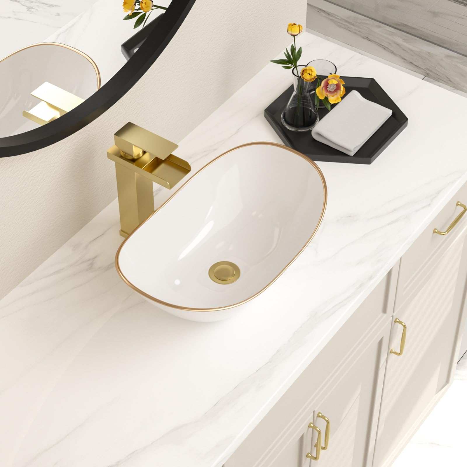 Oval White Vessel Sink - 17" x 11" Modern Boat Shape Artistic Basin for Bathroom Above Counter Porcelain Ceramic Deep Sink