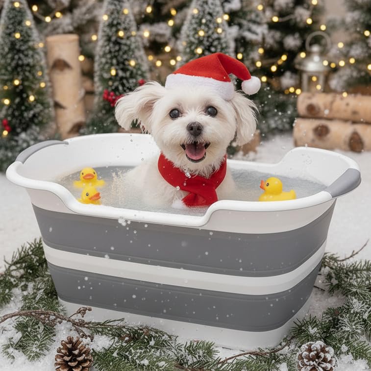 CYGNE Dog Bath Tub with Water Drain Plug, Collapsible Bathtub for Dog Washing and Grooming, Portable Foldable Space Saving Design for Pet Puppy Small Dogs Cats, BPA Free, Gray