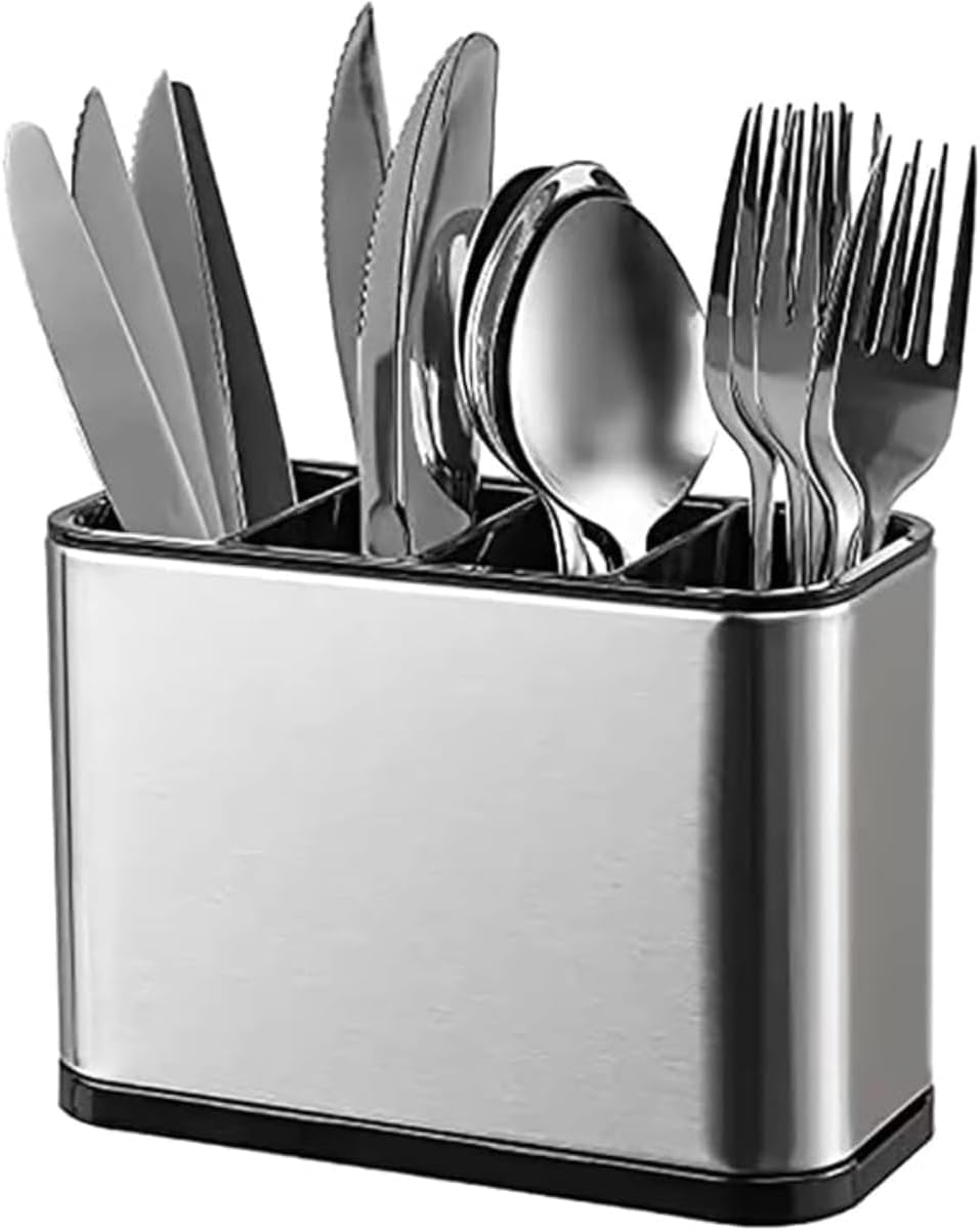 Escorredor de Talheres em Aço Inox com 4 Divisórias Sistema de Drenagem Organizador