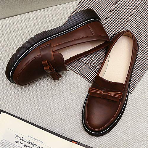 Odema sapato feminino de salto baixo Oxford bico redondo sem cadarço, Marrom, 10.5