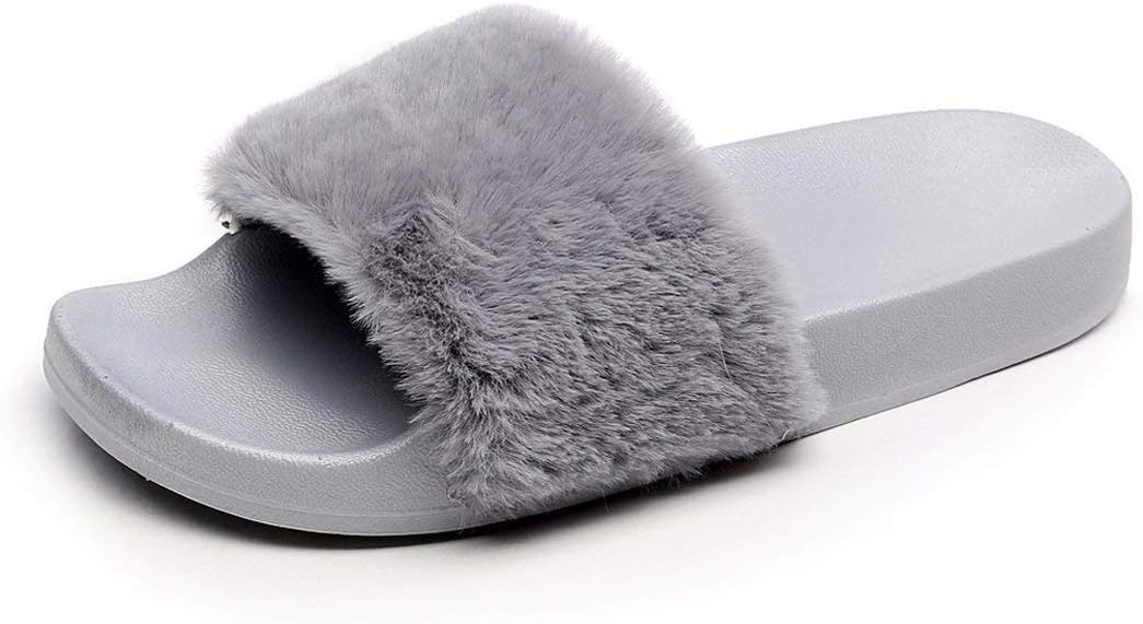 APIKA Women's Flip Flop Faux Fur Slipper Fuzzy Fluffy Comfy Sliders Open Toe Slip on(US 5.5 Grey)