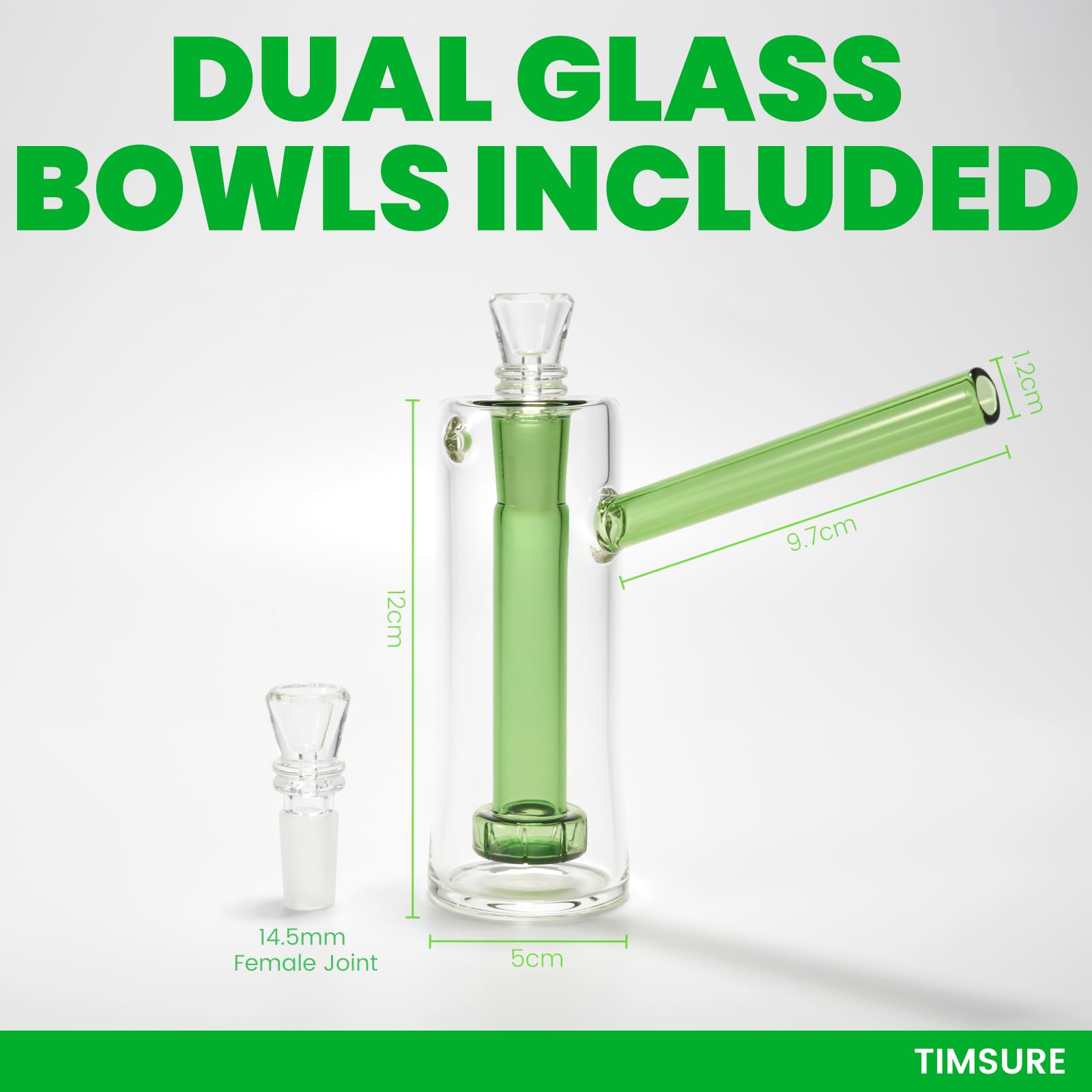 Glasbong 13,5 cm, Dual-Tone Borosilikatglas, 14 cm breit, 9,5 cm Mundstück, 2×14,5 mm Köpfe, Grüner Stiel, Klare Kammer, Sichere Verpackung