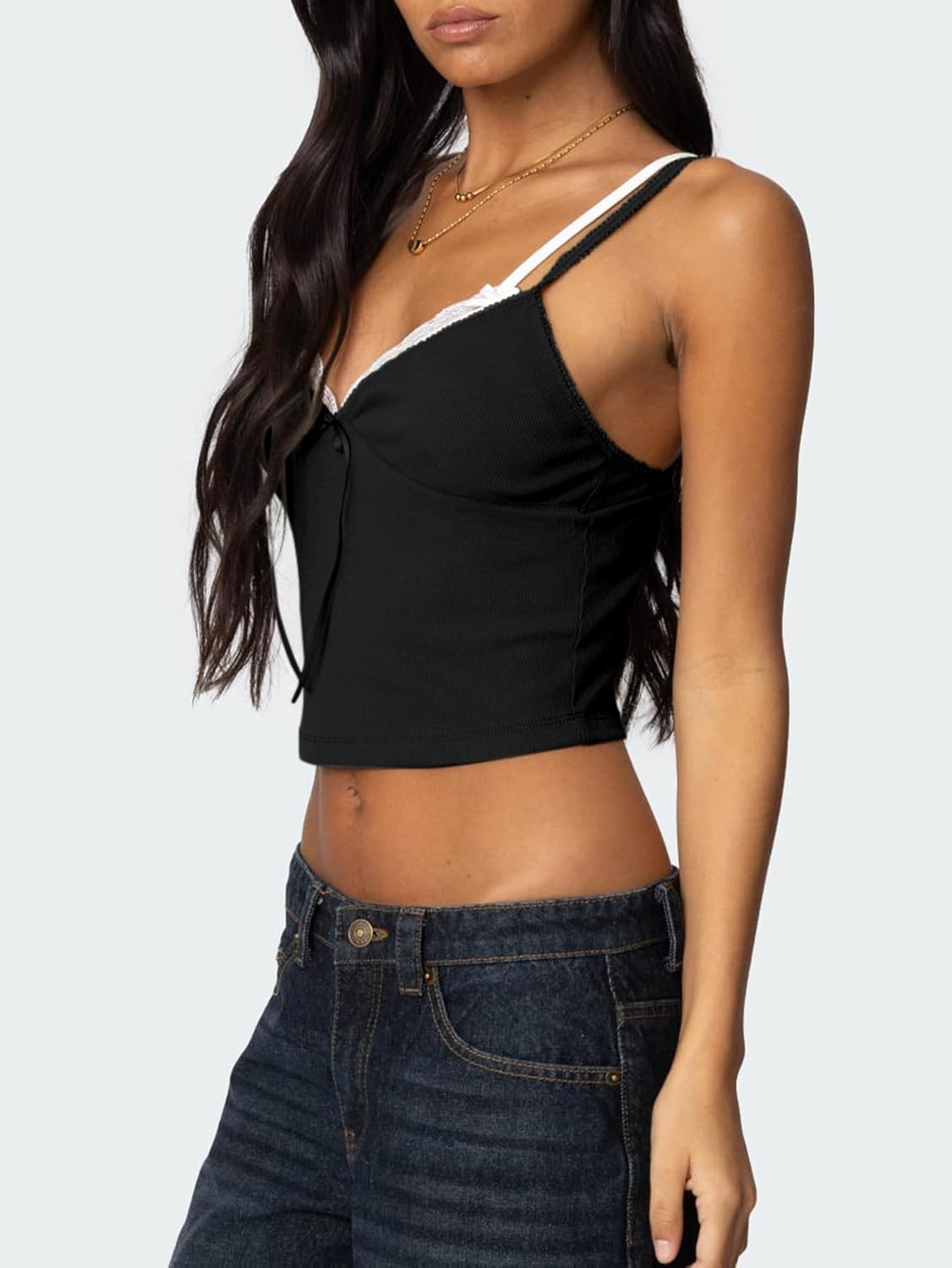 Women Lace Trim Camisole Tops Spaghetti Strap Tank Top Ribbed Knit Slim Fit Cami Shirt Bralettes - Image 2