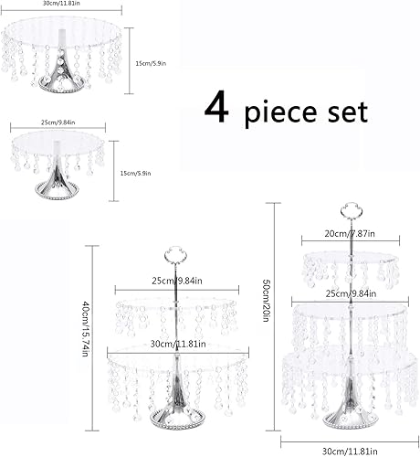 Miniatura 3 de Juego de 4 soportes redondos para cupcakes con colgantes de cristal, pedestal, exhibición, plato, soportes y bandejas, platos de metal para boda,