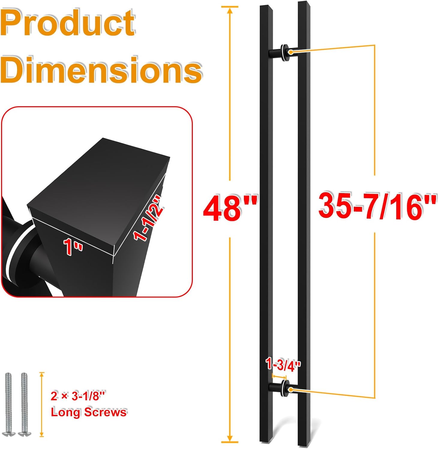 matte black square barn door handles 12"/16"/18"/24"/36"/48"/59'', pull push long french door handle double sided, large front exterior shower door pull handles 48inch / 120cm matte black