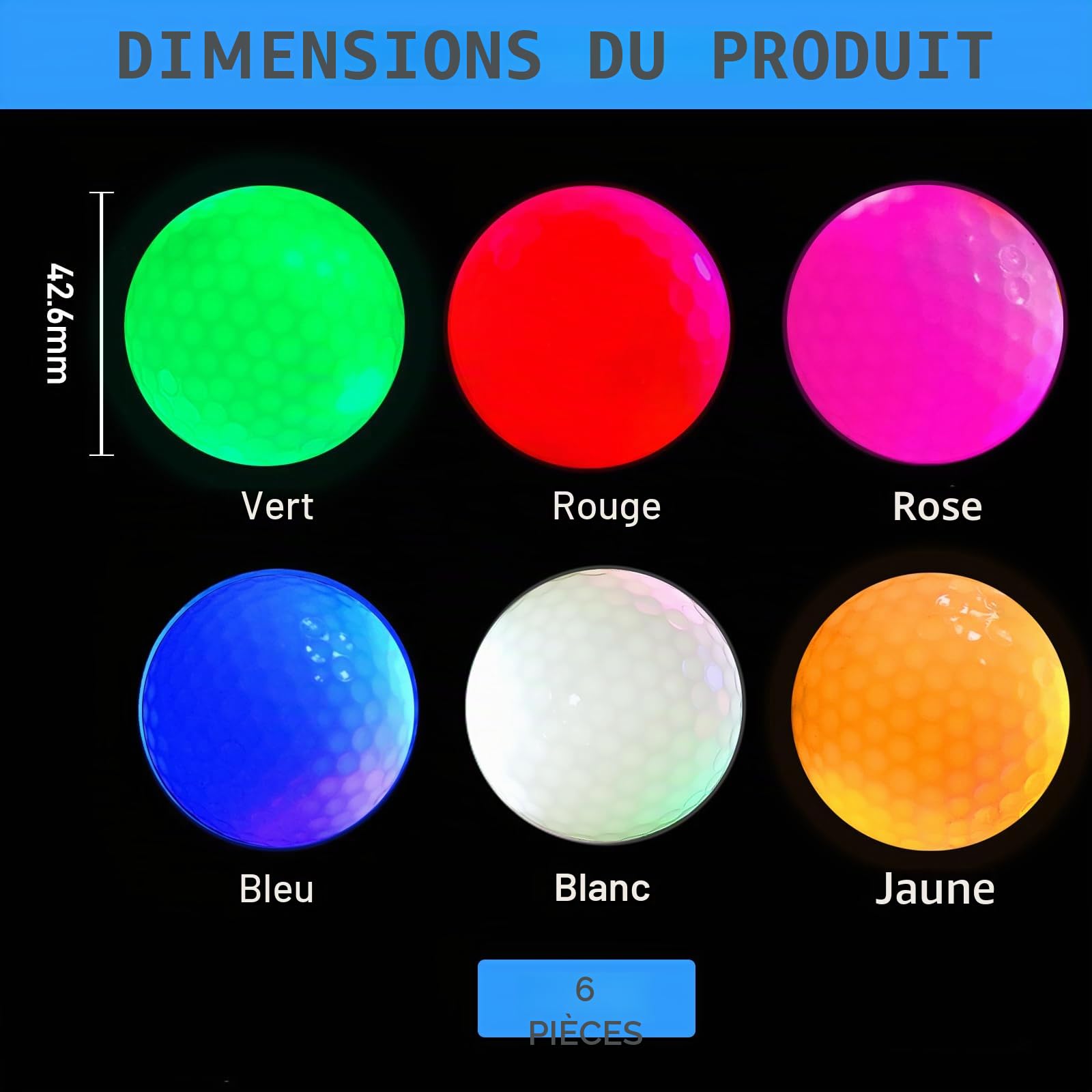 Lot de 6 balles de golf lumineuses à LED multicolores - Balles de golf lumineuses - Idéales pour l'entraînement de nuit