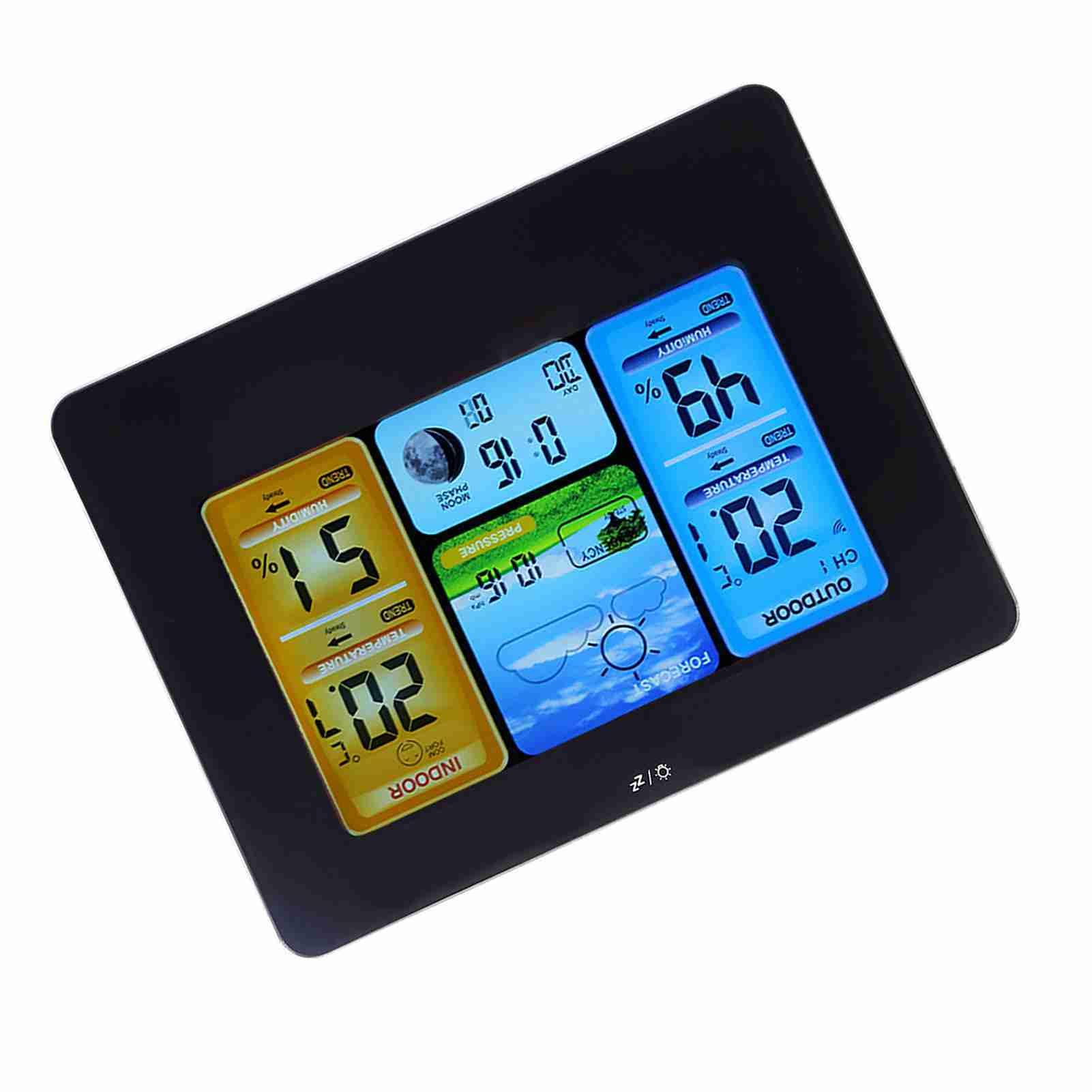 Ejoyous Drahtlose Wetterstation, Digitale Wetterstation aus Beschichtetem Glas mit Innen- und Außenthermometer, Farbdisplay, Wettervorhersagealarm Mondphase, für den Schreibtisch Zur Wandmontage zu