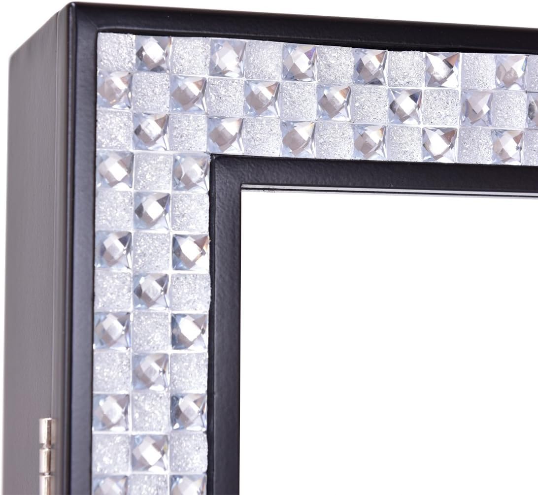 RELAX4LIFE Armoire à Bijoux sur Pieds avec Miroir Pleine Longueur HD, Miroir Rangement Bijoux Inclinable avec Cadre Strass, Grande Capacité pour Colliers Bracelets Boucles d’Oreilles (Noir)
