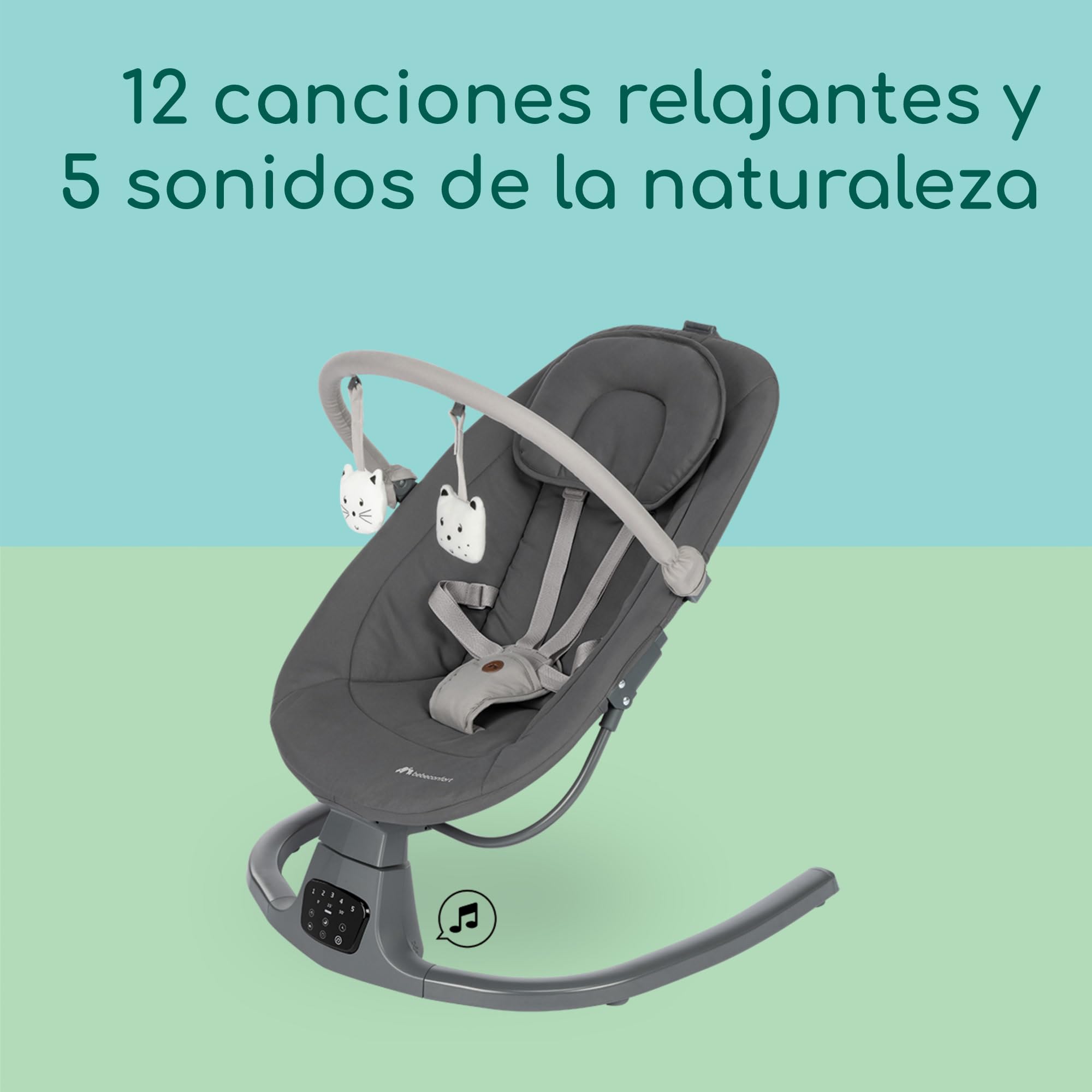 Bebeconfort Jolana, Hamaca Bebé Eléctrica, 0-6 M (9 kg), Detección Automática Movimiento, 12 Canciones Calmantes, 5 Sonidos Naturaleza, Cojines, Respaldo Ajustable, 2 Posiciones, Tinted Graphite