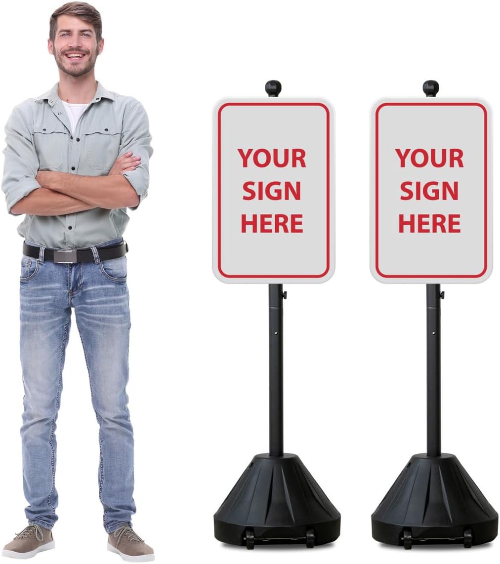 Grip N Tip Portable Sign Holder | 60" Heavy Duty Steel Sign Post Pole | Adjustable Outdoor & Indoor Use | Rolling Base with Wheels - Black - 2 Pack