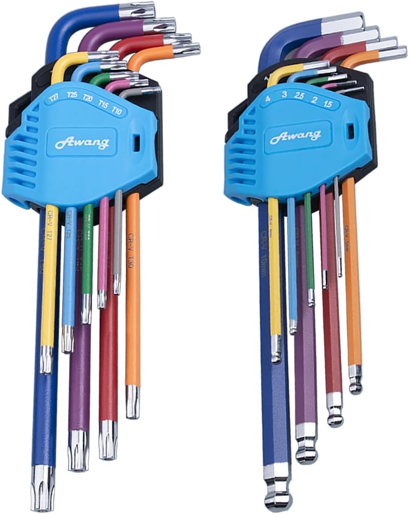 Awang 18 x Allen Keys 1.5-10 mm and Torx Keys T10-T50 Hex Keys and Torx Keys Set of Hex Keys in Chrome Vanadium Steel, Maintenance Tools for Repairing Bikes, etc