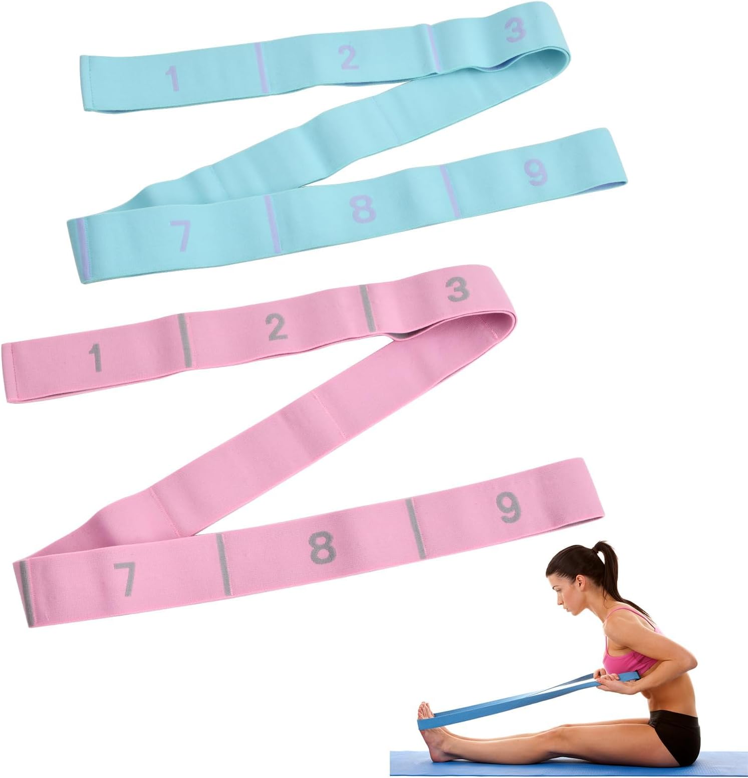 Duronge 2PCS Yoga Straps, Fitness Band with Loops, Yoga Stretching Band with 9 Loops, Highly Elastic Yoga Stretch Strap, Shaping Gymnastics Band for Yoga, Dancing, Fitness (blue + pink)