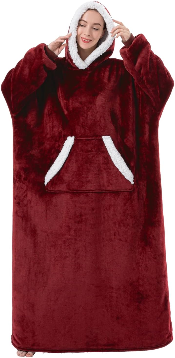 Wearable Blanket Hoodie for Women/Kids/Men, Oversized & Cozy Sherpa Lined Hoodie Sweatshirt Blanket(Burgundy,Oversized)