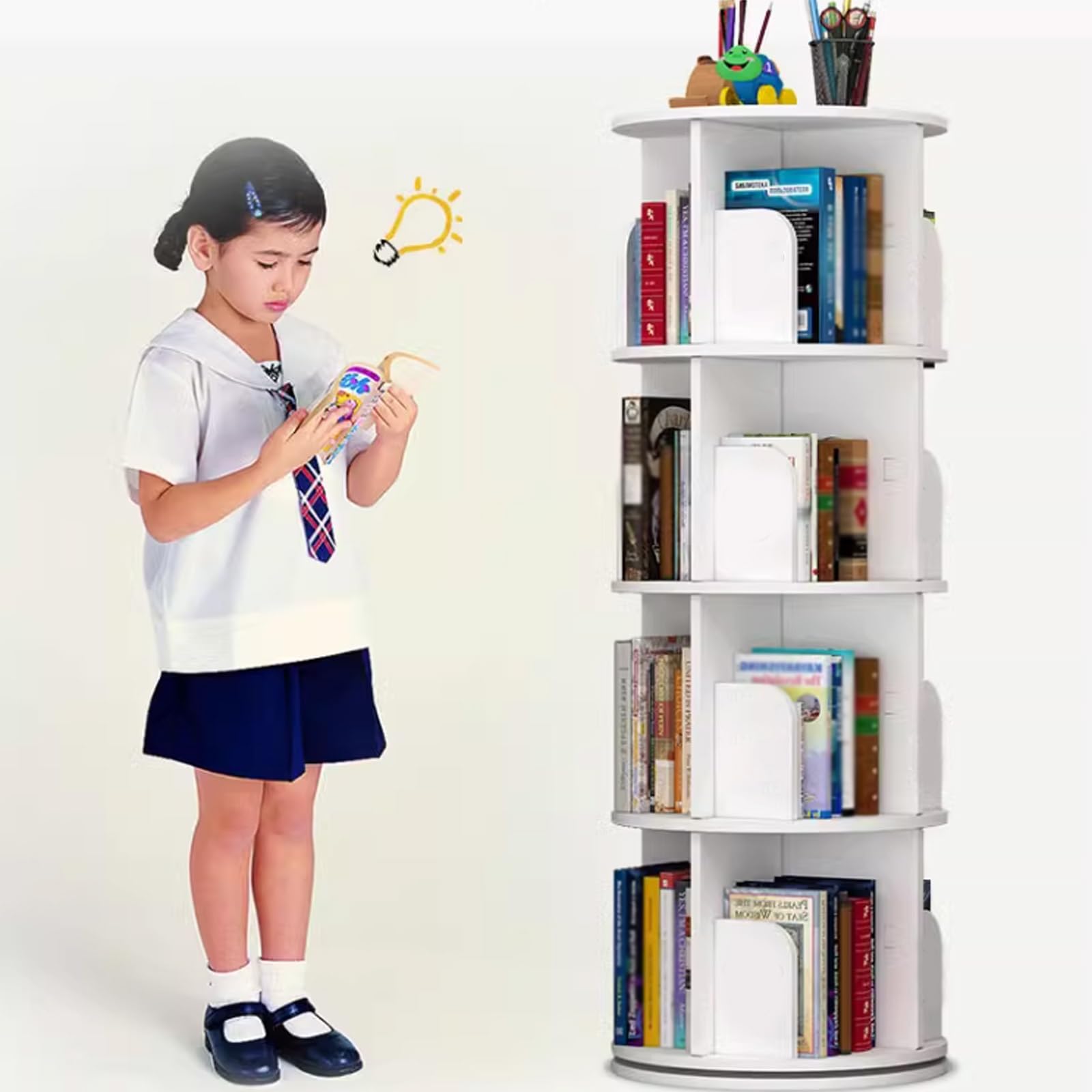 Scaffale Girevole Per Bambini Bianco, Libreria Multistrato In Legno-Plastica, Rotazione 360°, Dimensioni 40x40x97 Cm, Per Soggiorno E Ufficio - 3