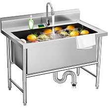 40" 1-Compartment Stainless Steel Single Bowl Freestanding Sink | Commercial Utility Sink for Garage, Restaurant, Kitchen, Laundry Room, Outdoor Large Single Sink