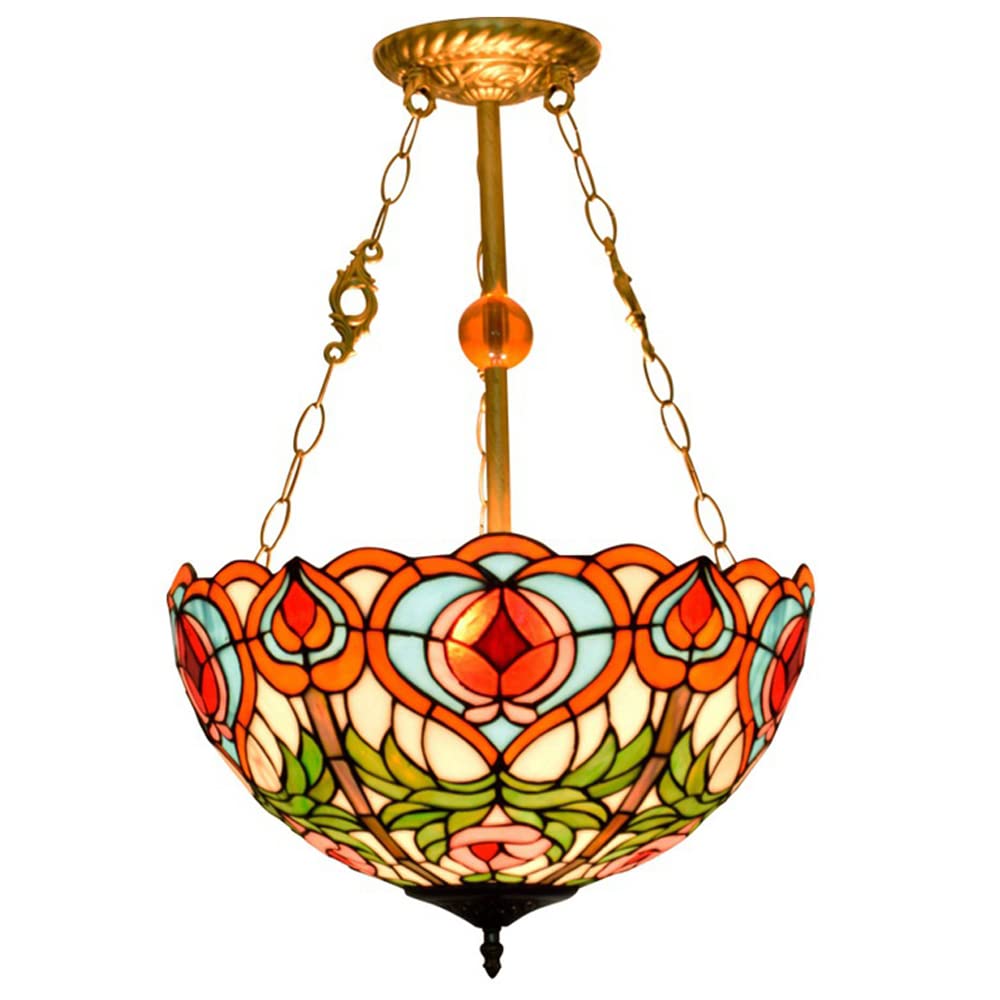 FYZDLAOR Vintage Peach Pattern Tiffanystyle Inverted Pendant Lights Chandelier 16 Inches Wide 3 Light Fixture for Dining Living Room Bedroom Foyer Entryway