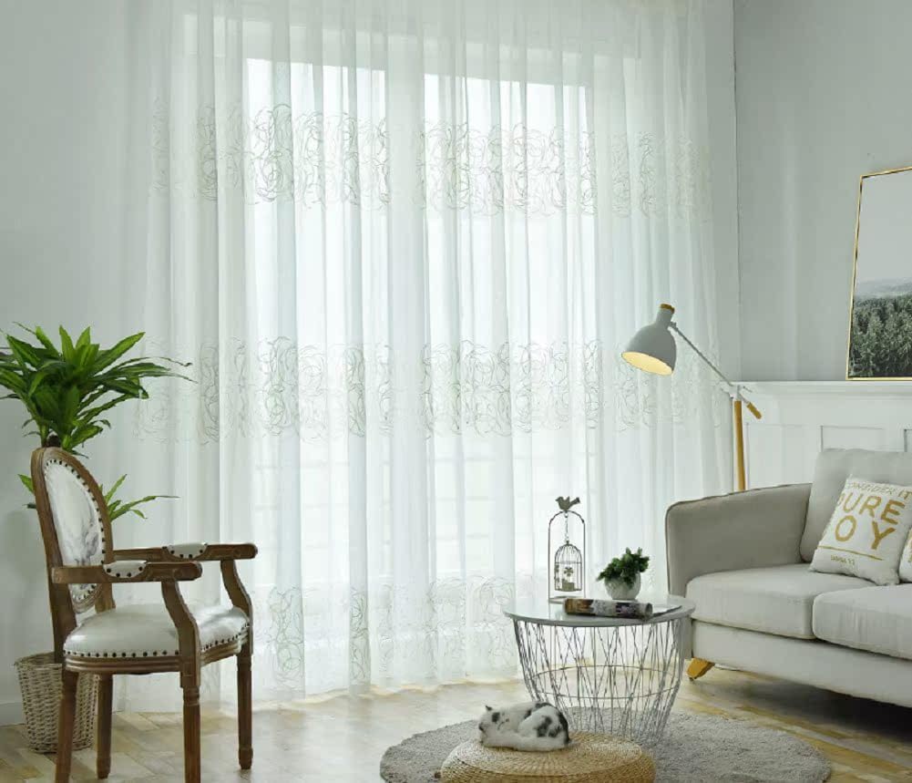 Simple Modern Cotton Thread Embroidery Voile Sheer Curtains Semi Shading Window Curtain Rod Pocket for Living Kids Nursery Room Bedroom Patio(1 Panel, W 100 x L 102 inch, White)