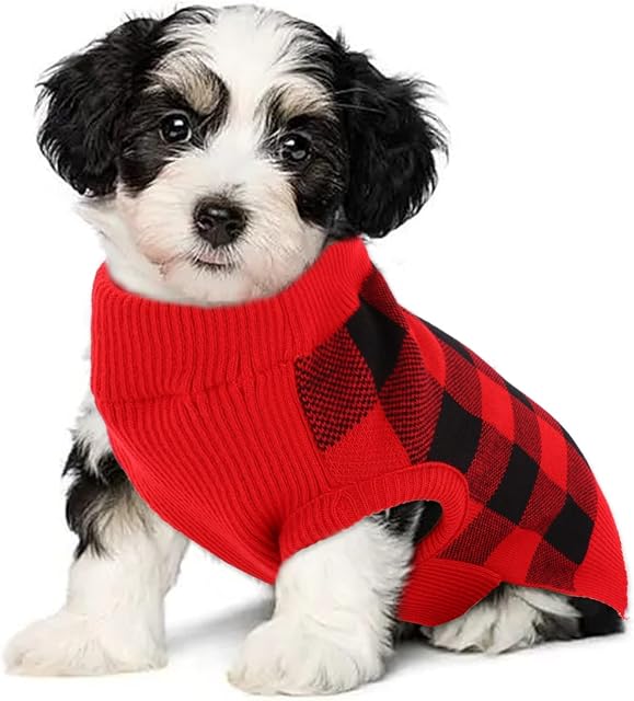 Katzinst Dog Jumper, Dog Christmas Jumper with Classic Plaid, Knitted Dog Fleece Jumper with Leash Hole, Dog Clothes Puppy Sweater for Small Dogs Yorkshire Teddy Chihuahua Clothes, Black S