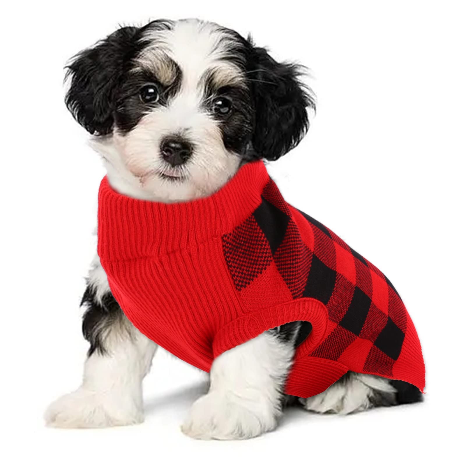 KATZINST Hundepullover Kleine Hunde, Hunde Weihnachtspullover, Fleece Hundepullover Weihnachten mit Karomuster, Pullover für Französische Bulldogge Dackel Chihuahua Yorkshire, Rot Schwarz S