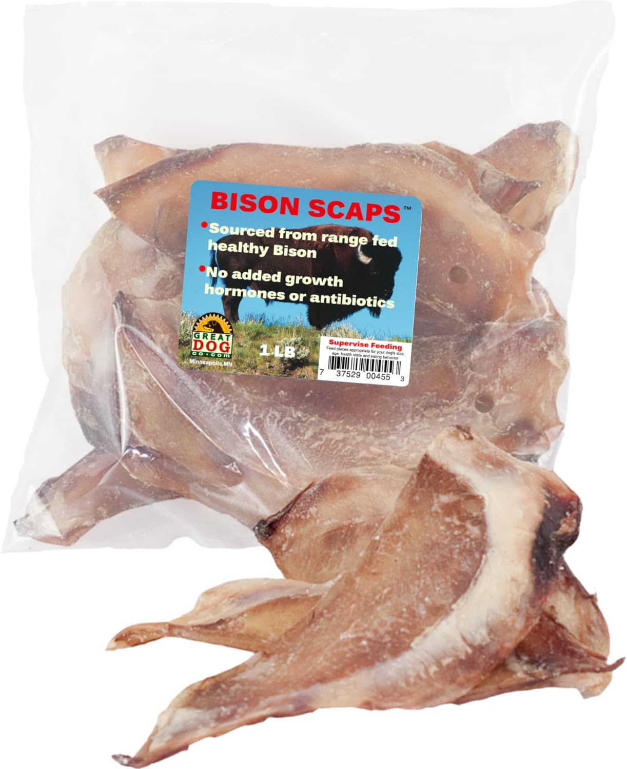 Great Dog Co. Bison Scaps - 1 LB Bag (Approximately 10-11 Pieces) - USA Sourced & Made - Long-Lasting Dog Chews