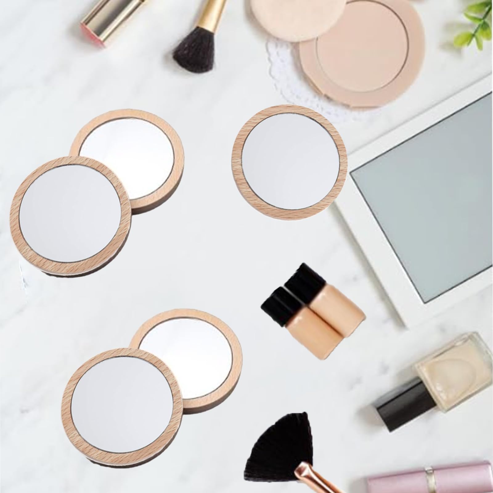 10 pezzi Specchio Rotondo Piccolo, Specchi per il Trucco Specchi Portatili, per Uso Quotidiano, Trucco, Viaggi (Colore del Legno)
