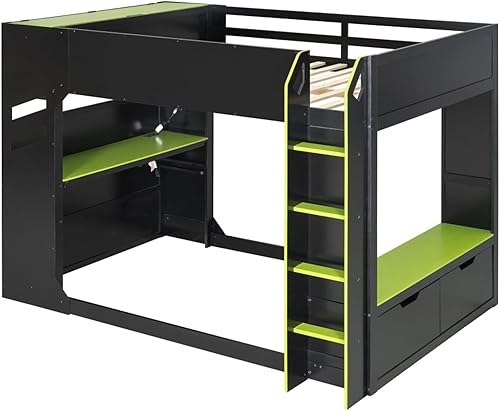 Miniatura 14 de Cama loft de madera para juegos de tamaño matrimonial con escritorio para computadora y luces RGB, cama para juegos, armario abierto integrado y