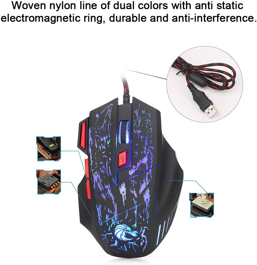 Docooler HXSJ H300 Gaming Mouse with USB cable and internal components highlighted