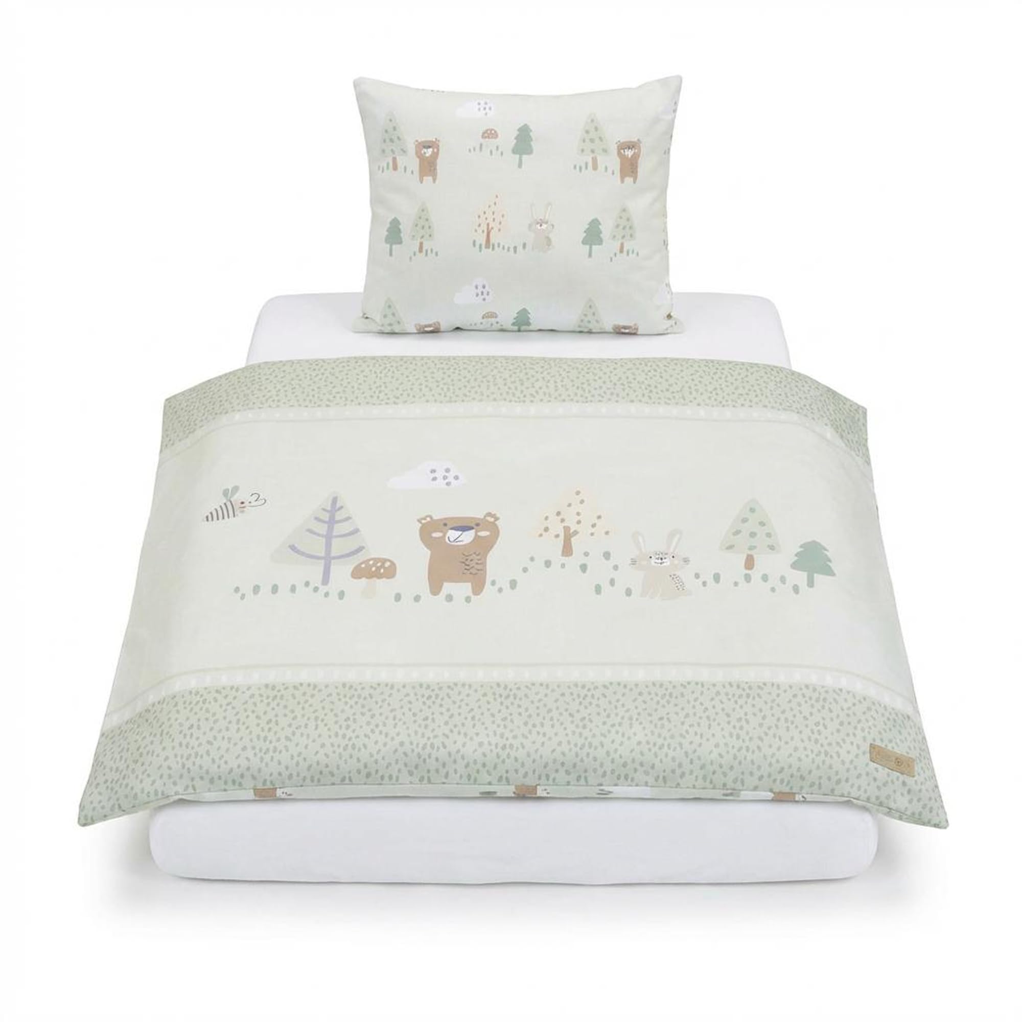 roba Biancheria per Culla Woodland Buddies - Piumino 80 x 80 cm + Federa 35 x 40 cm - Cotone Morbido - Verde Pastello con Orso, Coniglio & Ape
