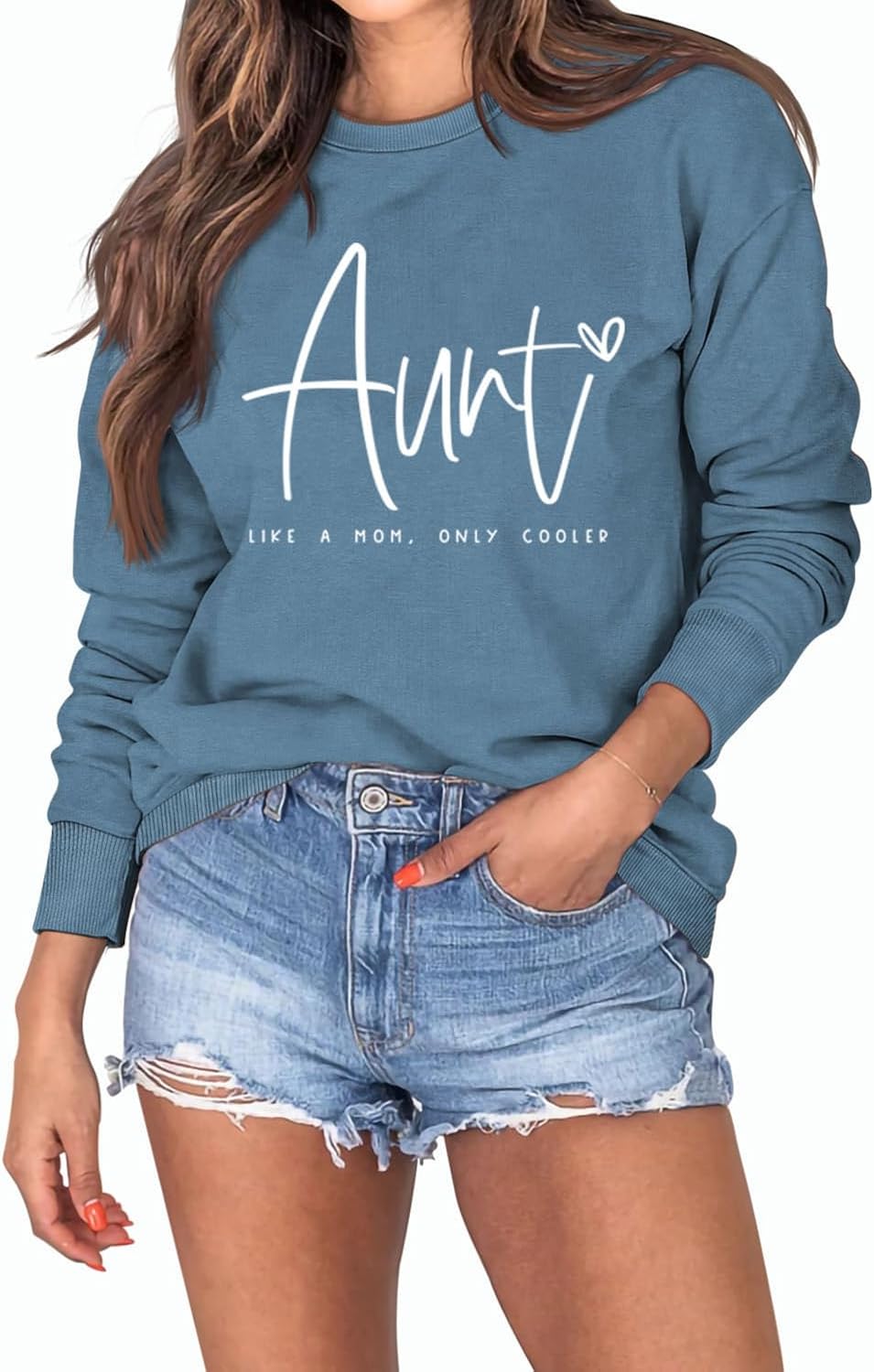 MEKOTSK Aunt Like a Mom Only Cooler Sweatshirt Women Funny Graphic Shirts Long Sleeve Comfy Pullover Tops Auntie Gifts