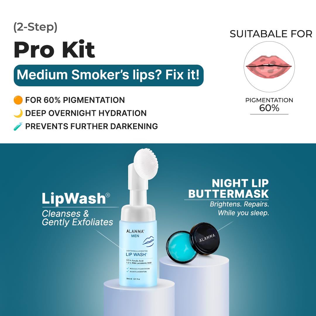 ALANNA Brightening Lip Pro Kit | Lip Wash & Night Lip Butter Mask | For Dark & Dry Pigmented Lips | Smoke, Sun & Pollution Damage | Men - Image 2 thumbnail