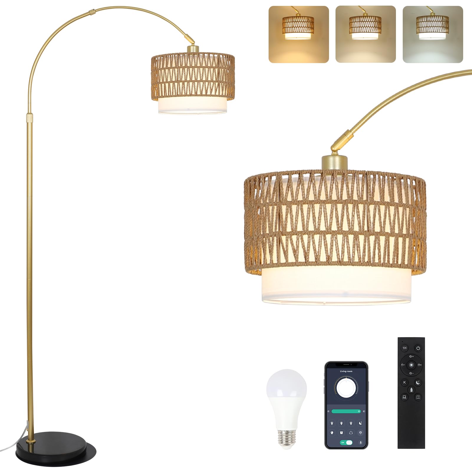 Arc Floor Lamp for bedroom with Rattan & Linen Shades, Gold Floor Lamp with Remote & Dimming Bulb, Rustic Standing Lamp with 3 Color Temperatures, Adjustable Height Farmhouse Tall Lamp for Living Room
