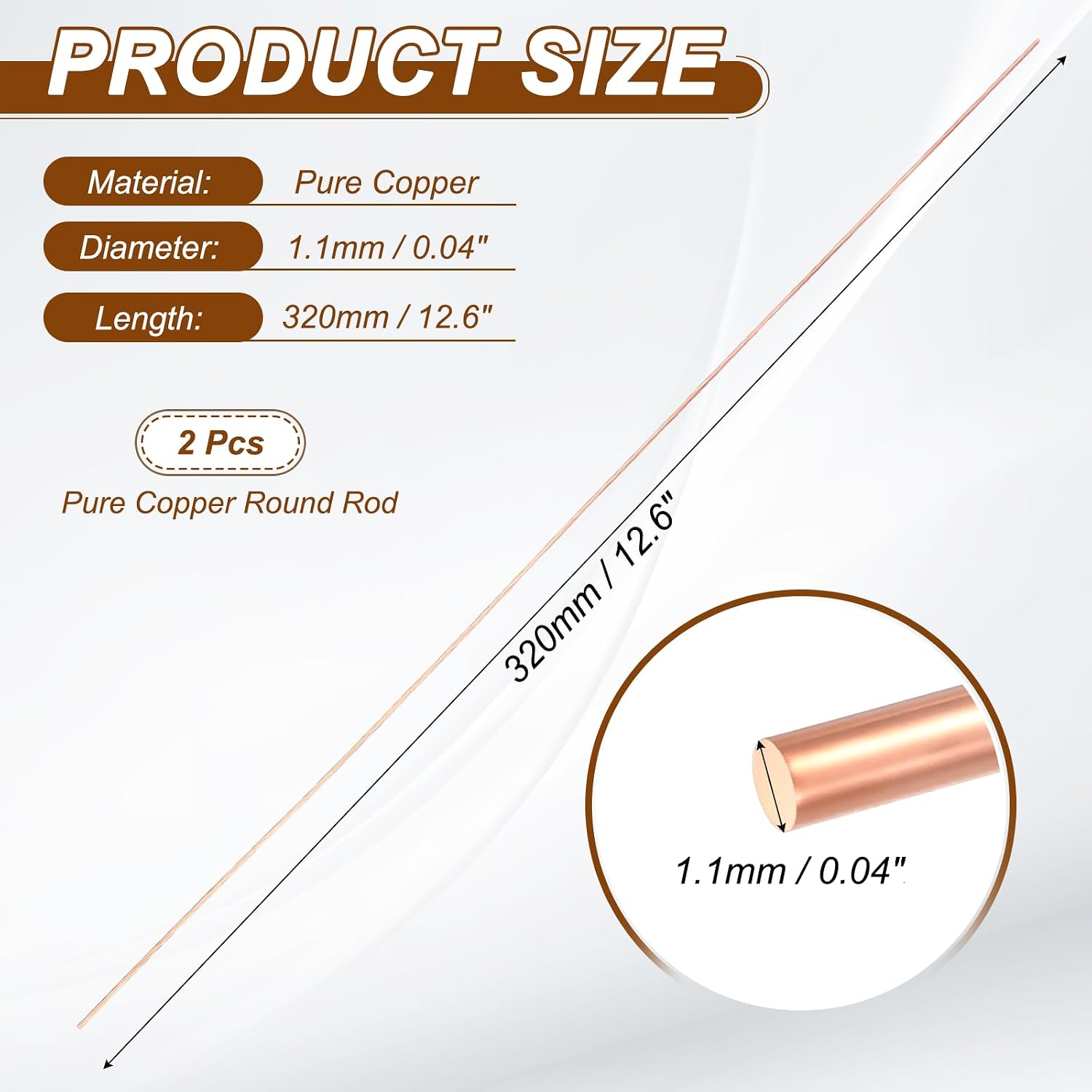 PATIKIL 2Pcs 99.99% Pure Copper Round Rod, 1.1mm / 0.04" Dia 12.6" Length Bare Copper cu Metal Rod Lathe Bar Stock for DIY Metal Craft Hobbies Gardening Industry Decoration