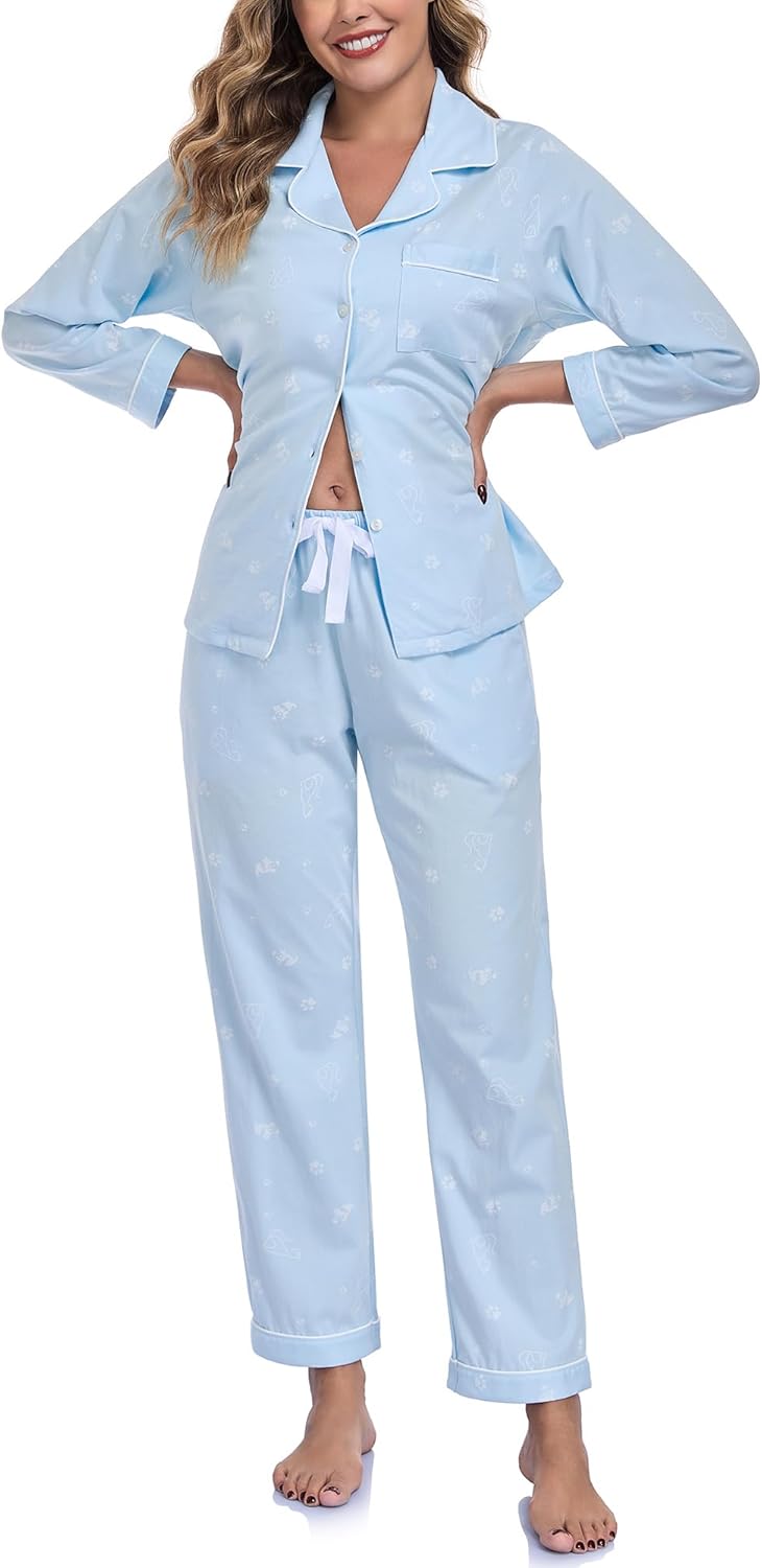 COLORFULLEAF Women's 100% Cotton Pajama Set Cheetah Print Sleepwear Long Sleeve Button-Down Pjs with Long Pants